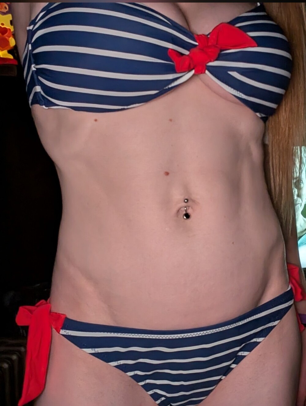 NWT STYLISH Nautical Striped Bikini White Blue Red Bow Low Rise Swimsuit Lg&Med - Picture 13 of 13